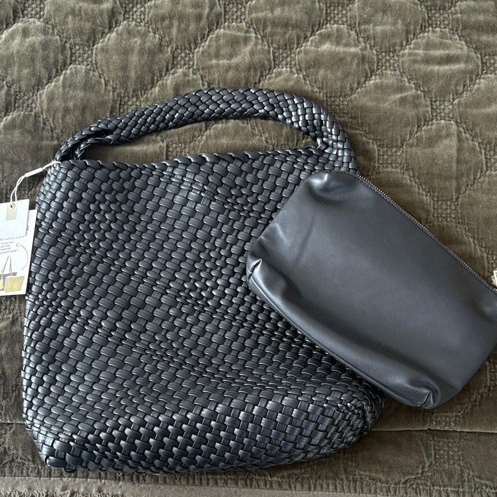 NWT Black Woven Tote Bag with Pouch